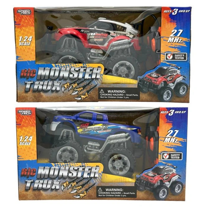Two toy monster trucks in their boxes.